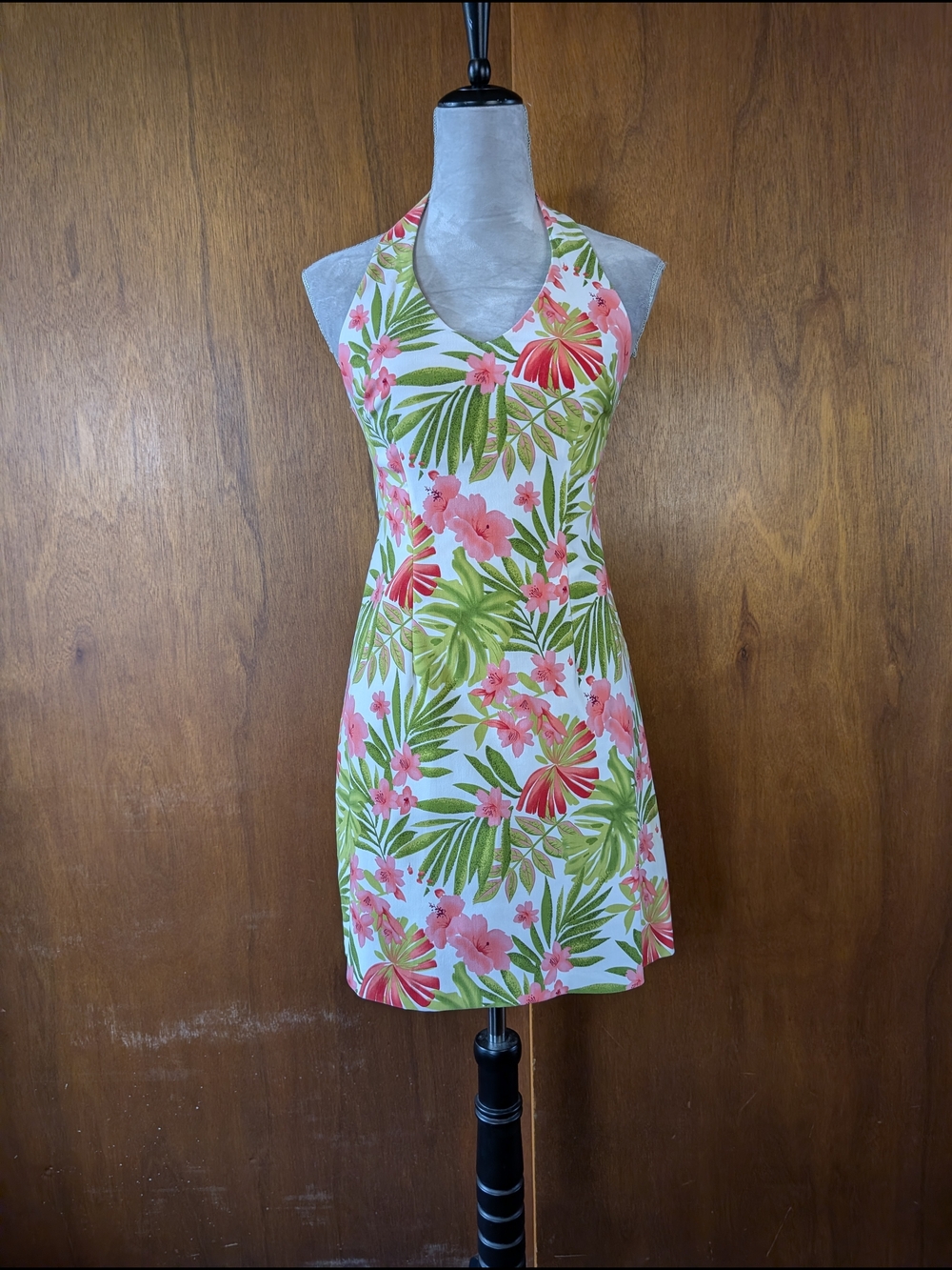 Sleeveless Tropical Halter Dress in White, Pink & Green